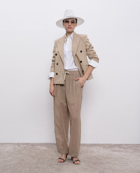 Brunello Cucinelli Бежевый двубортный жакет с шелком в полоску MH5417064