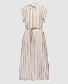 Peserico Бежевое платье-рубашка миди из льна в полоску S02120A00463