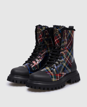 Dolce&Gabbana Детские черные кожаные ботинки в клетку на меху D11265AB2683236