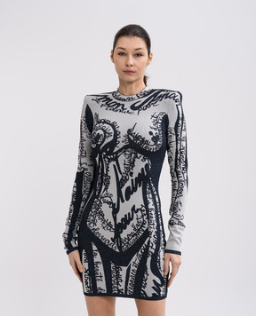 Balmain Синее платье-футляр мини в жаккардовый узор EF1R8739KH94