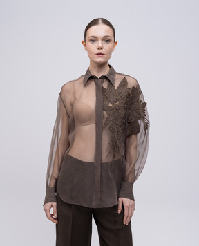 Brunello Cucinelli Коричнева блуза із шовку з аплікацією MF940RJ506