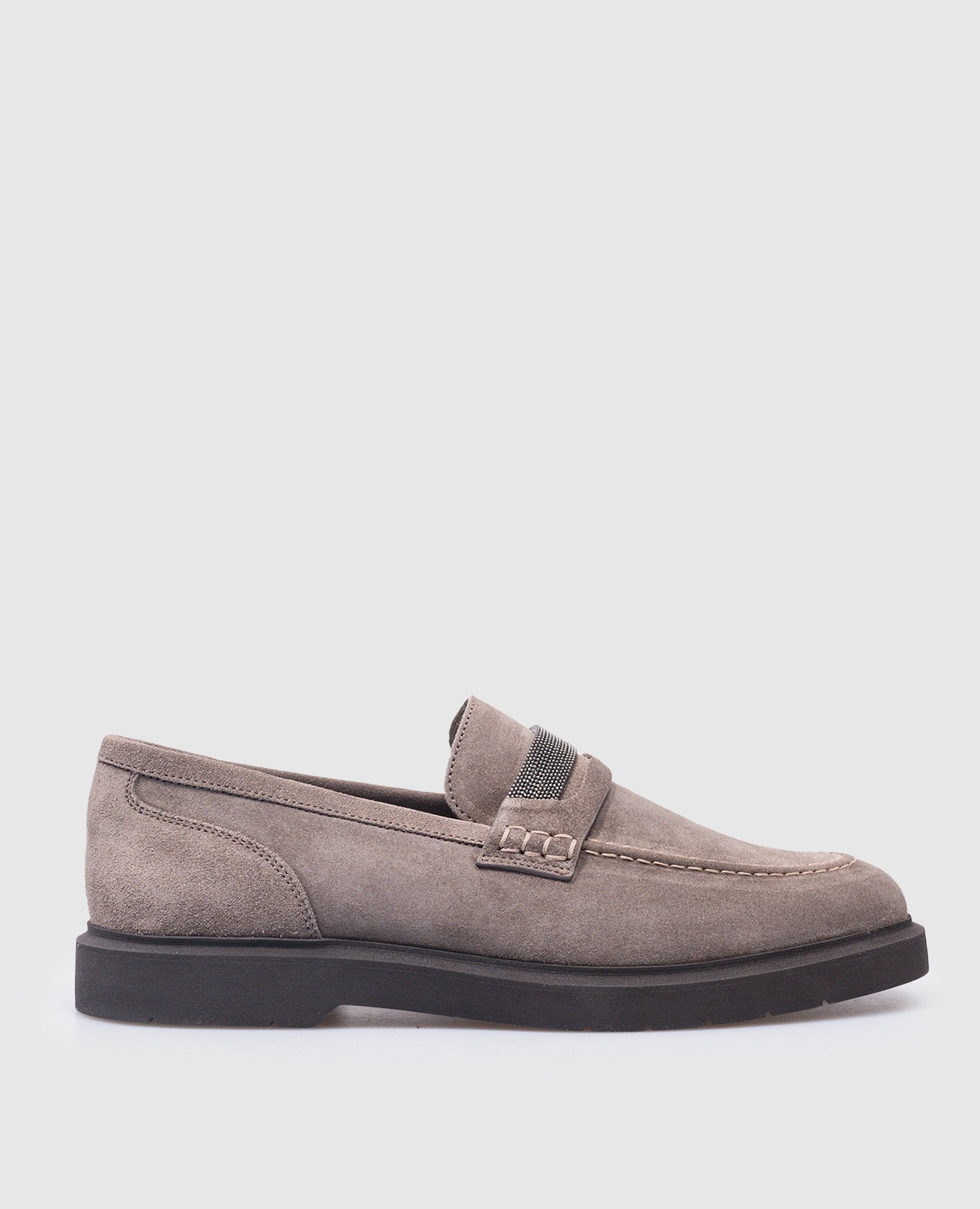 Gray suede loafers with monil chain