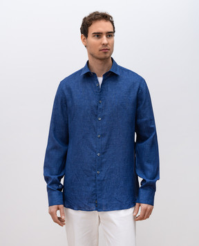 Canali Синяя рубашка из льна с брендовой нашивкой GL03099CSL7077