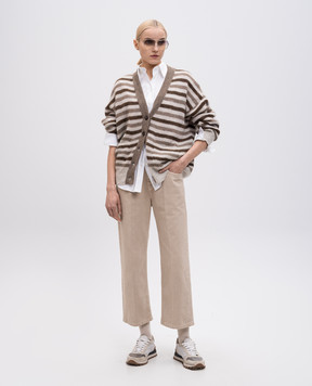 Brunello Cucinelli Бежевий кардиган з вовною в смужку MBG236806P