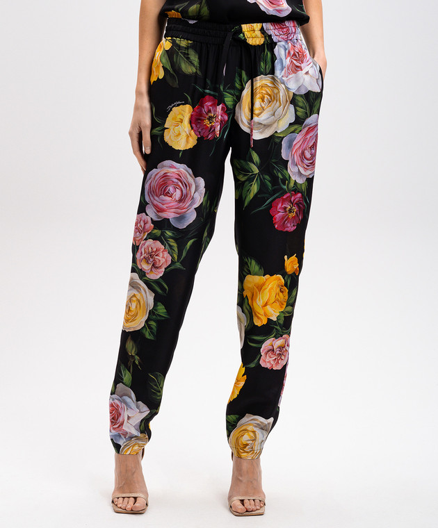 Dolce&Gabbana Черные брюки из шелка в принт пионы и розы FTC11TIS1XJ изображение 3