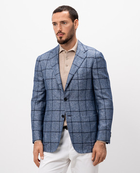 Kiton Синий блейзер из шелка и кашемира в клетку UG81K01S59