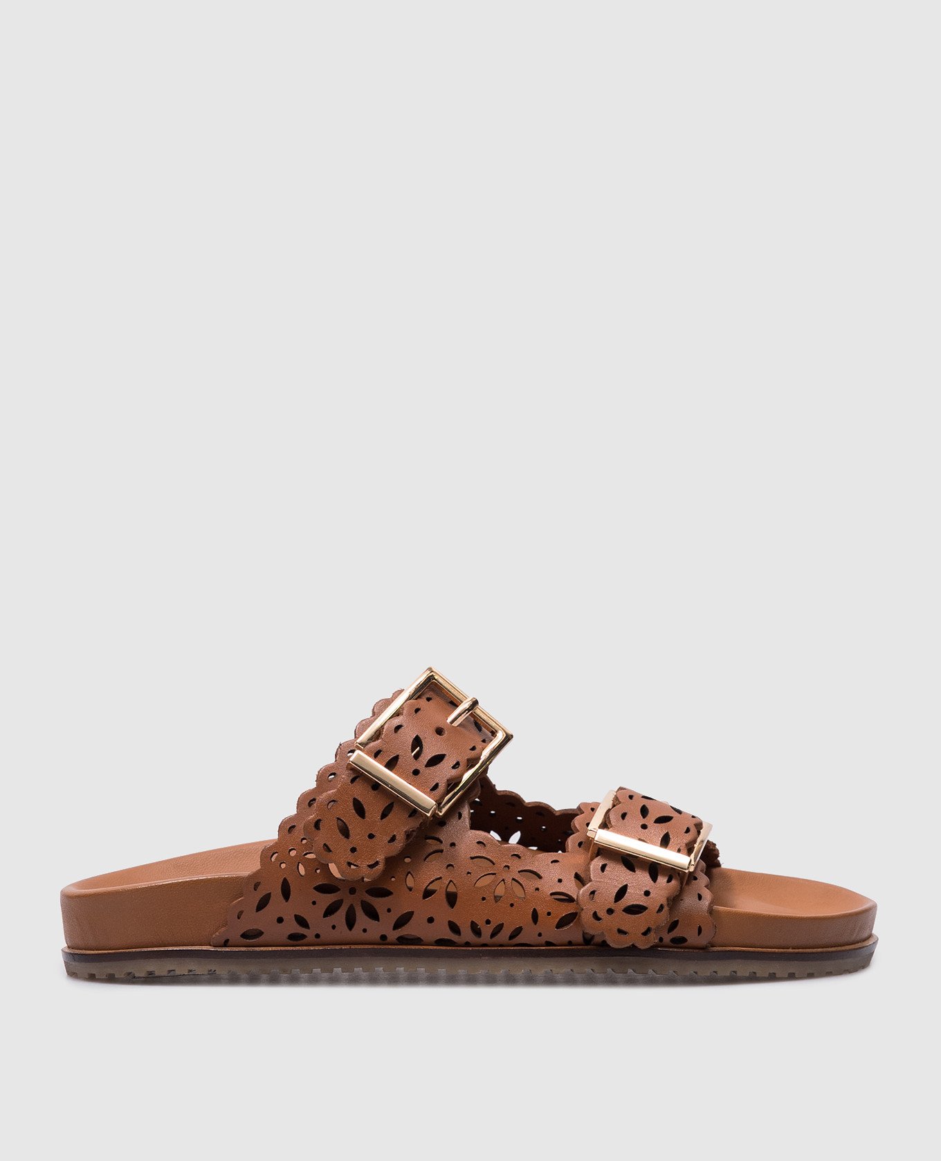 Brown leather flip flops with perforations
