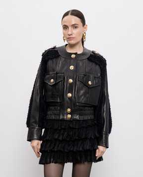 Balmain Чорна шкіряна куртка з твідовими вставками FF1TF500MH20