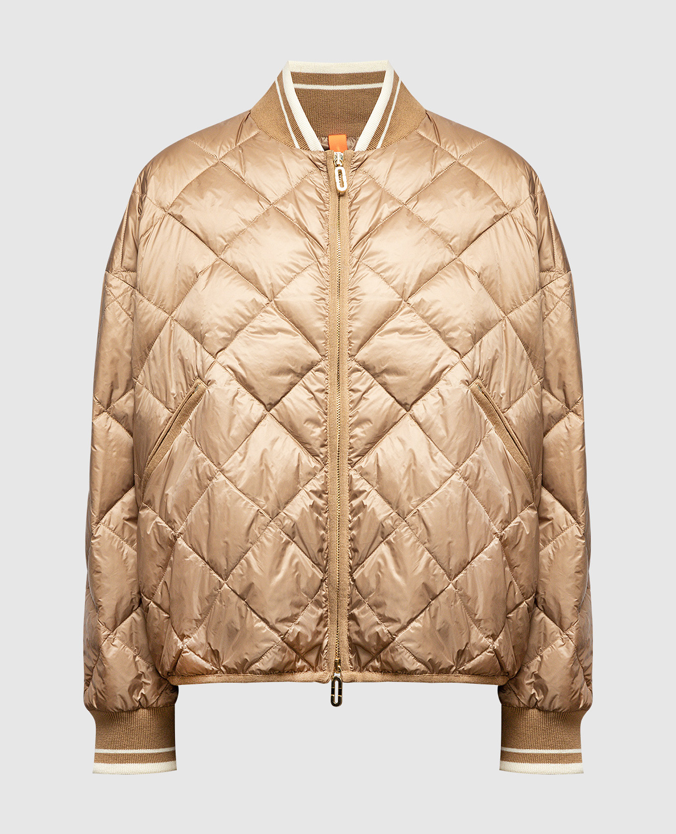 Brown quilted down jacket with metallic logo