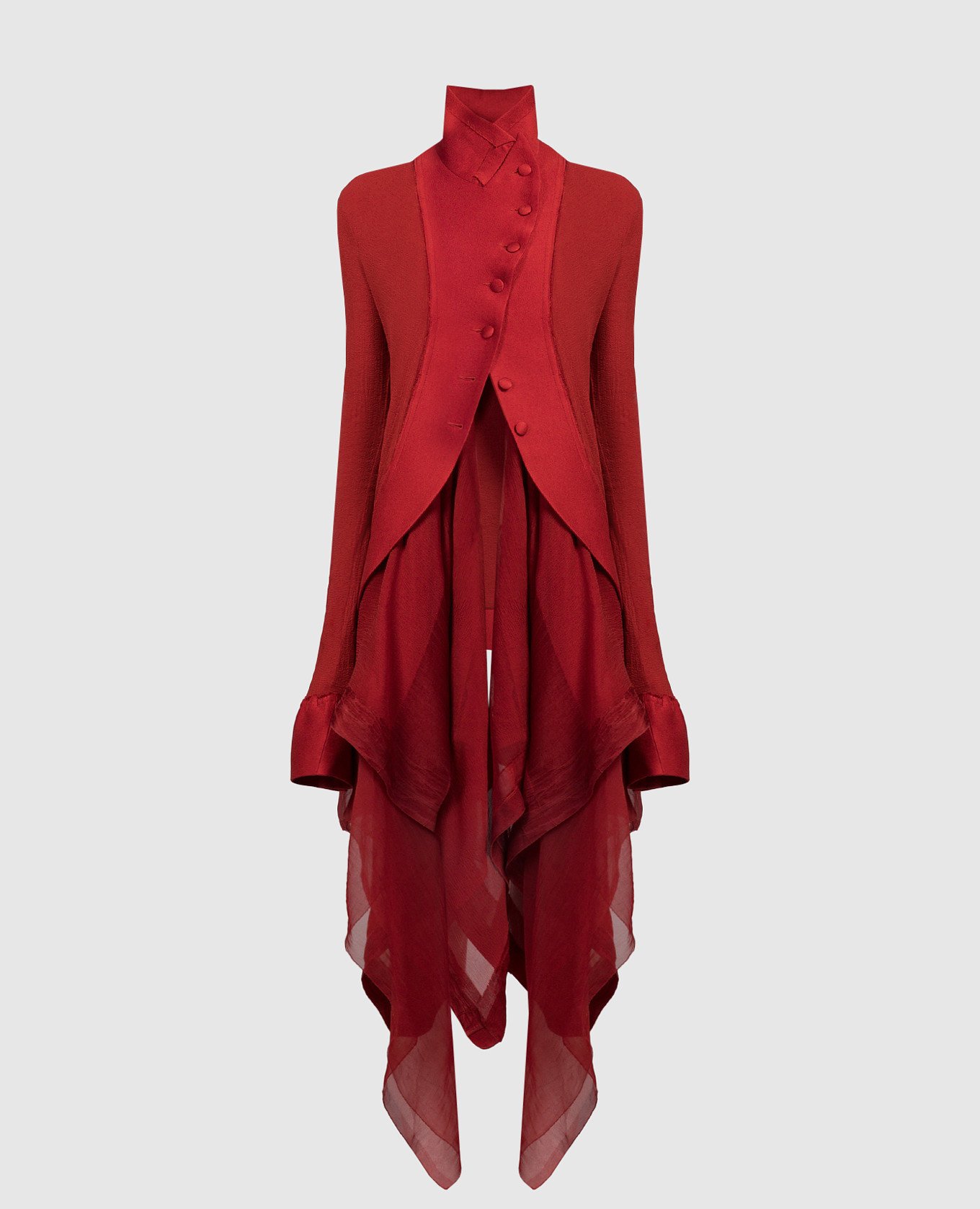 Red elongated jacket with silk with a reaper effect