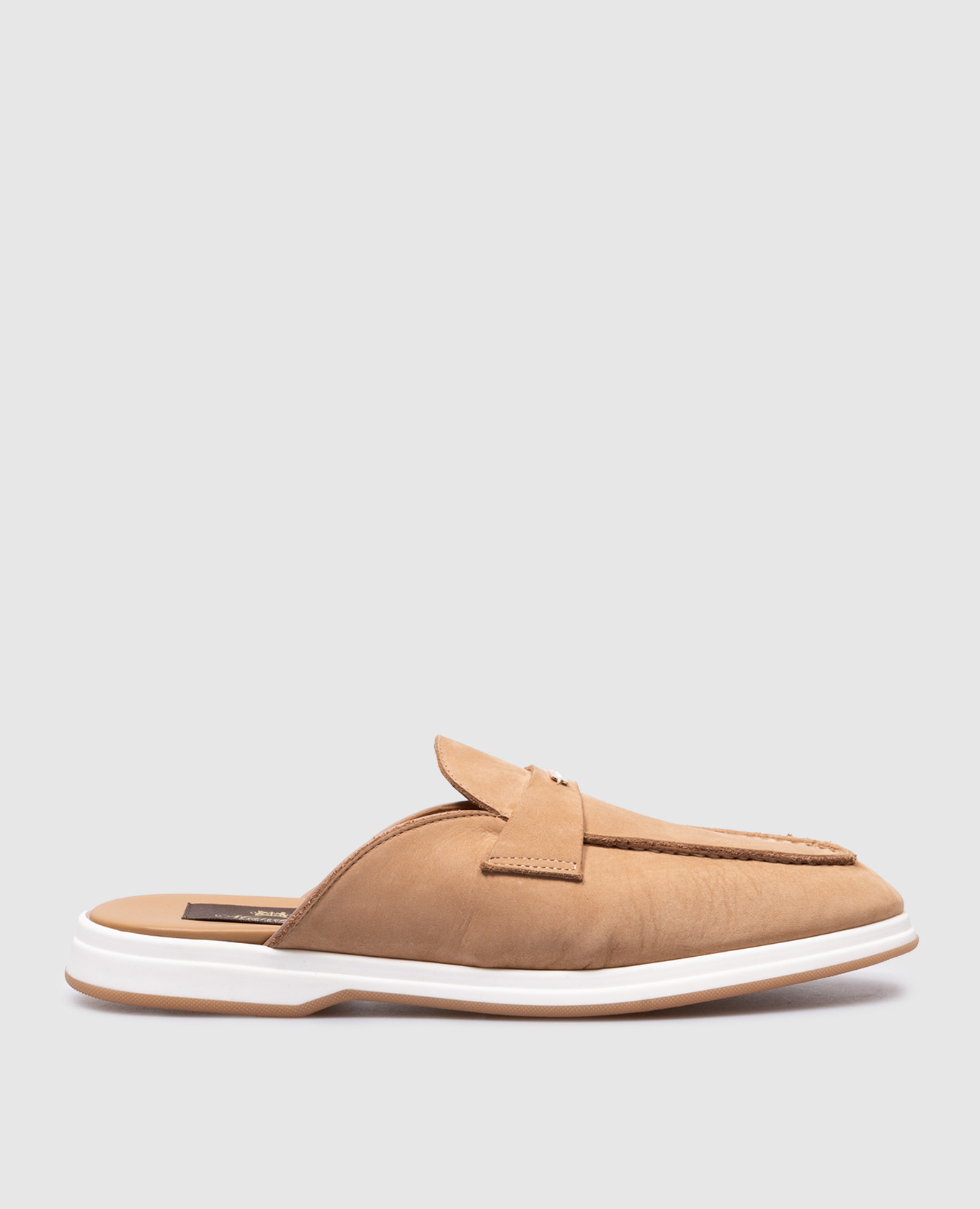 Beige suede mules with metallic logo