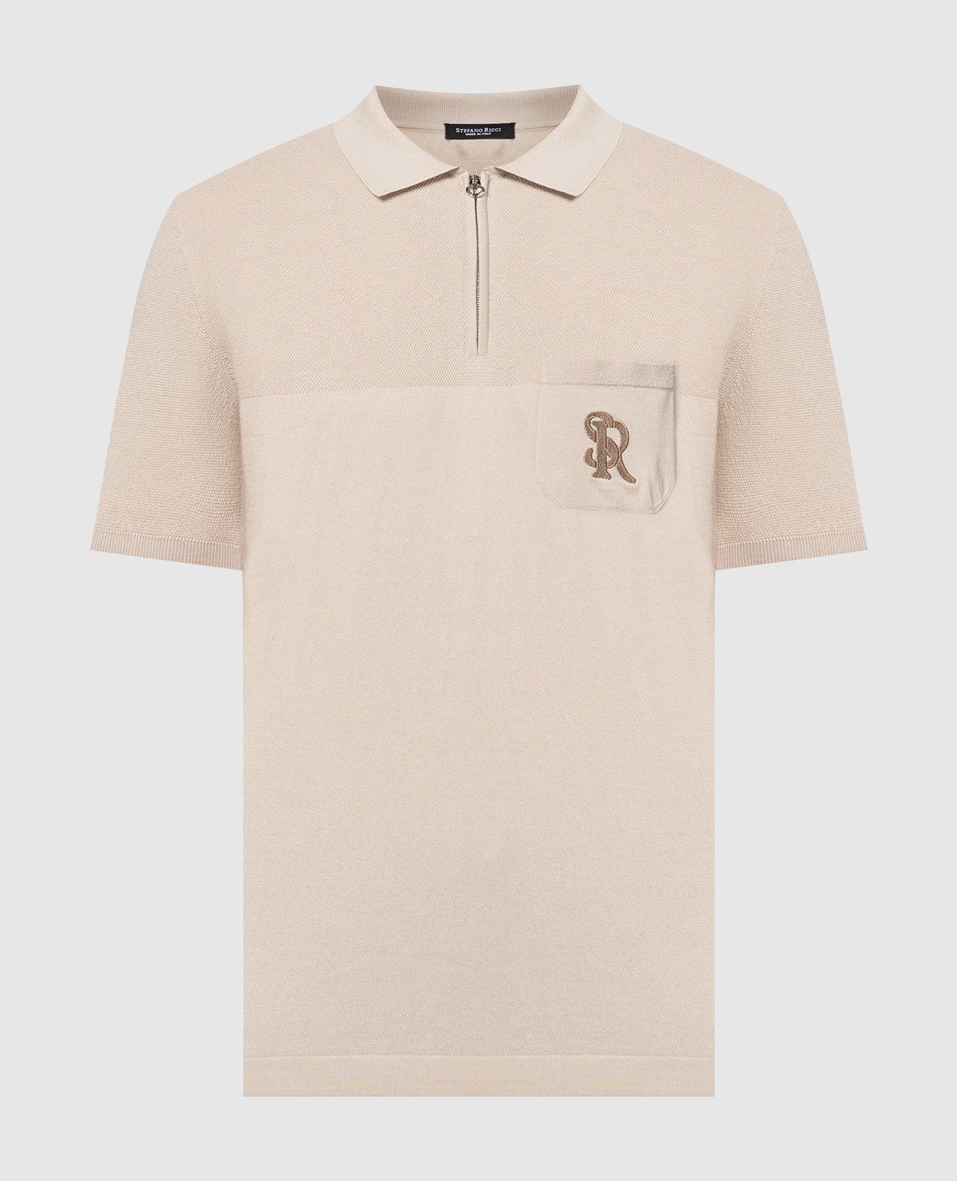 Beige silk polo shirt with logo embroidery