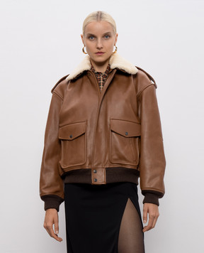 Saint Laurent Коричнева шкіряна куртка з хутром 843525YCTE2