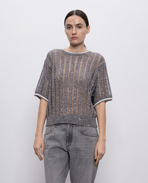 Brunello Cucinelli Серый ажурный топ из льна с пайетками MCO559400