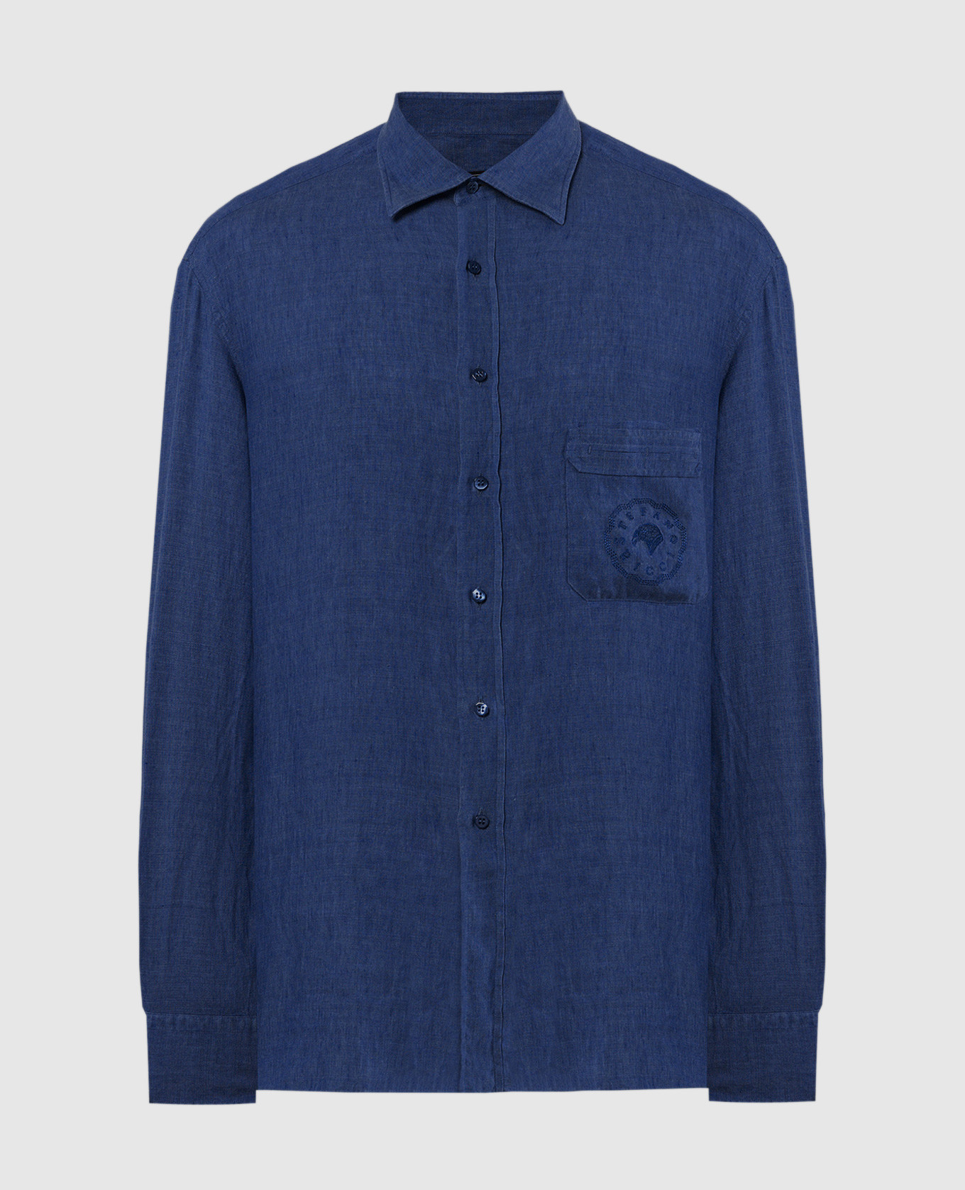 Голубая рубашка из льна с вышивкой логотипа