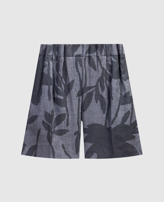 Gray linen shorts in plant print