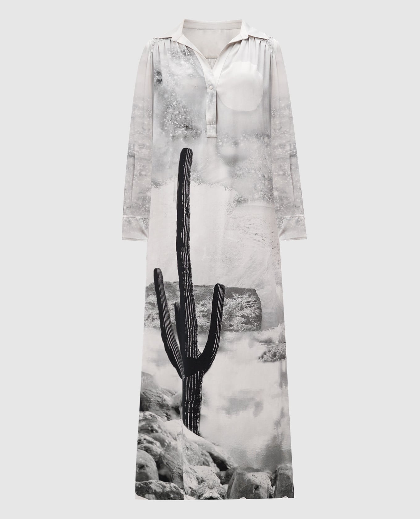 

Серое платье макси с шелком в принт, Серый, Повседневные платья