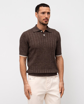 Brunello Cucinelli Коричневое поло с леном с окантовкой M2L707605