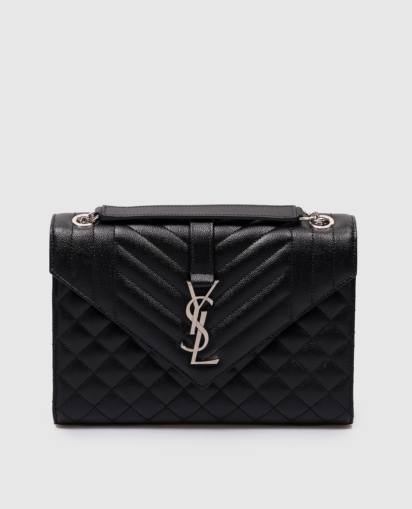 

Черная кожаная стеганная сумка-мессенджер Envelope с металлическим логотипом YSL, Черный, Сумки через плечо