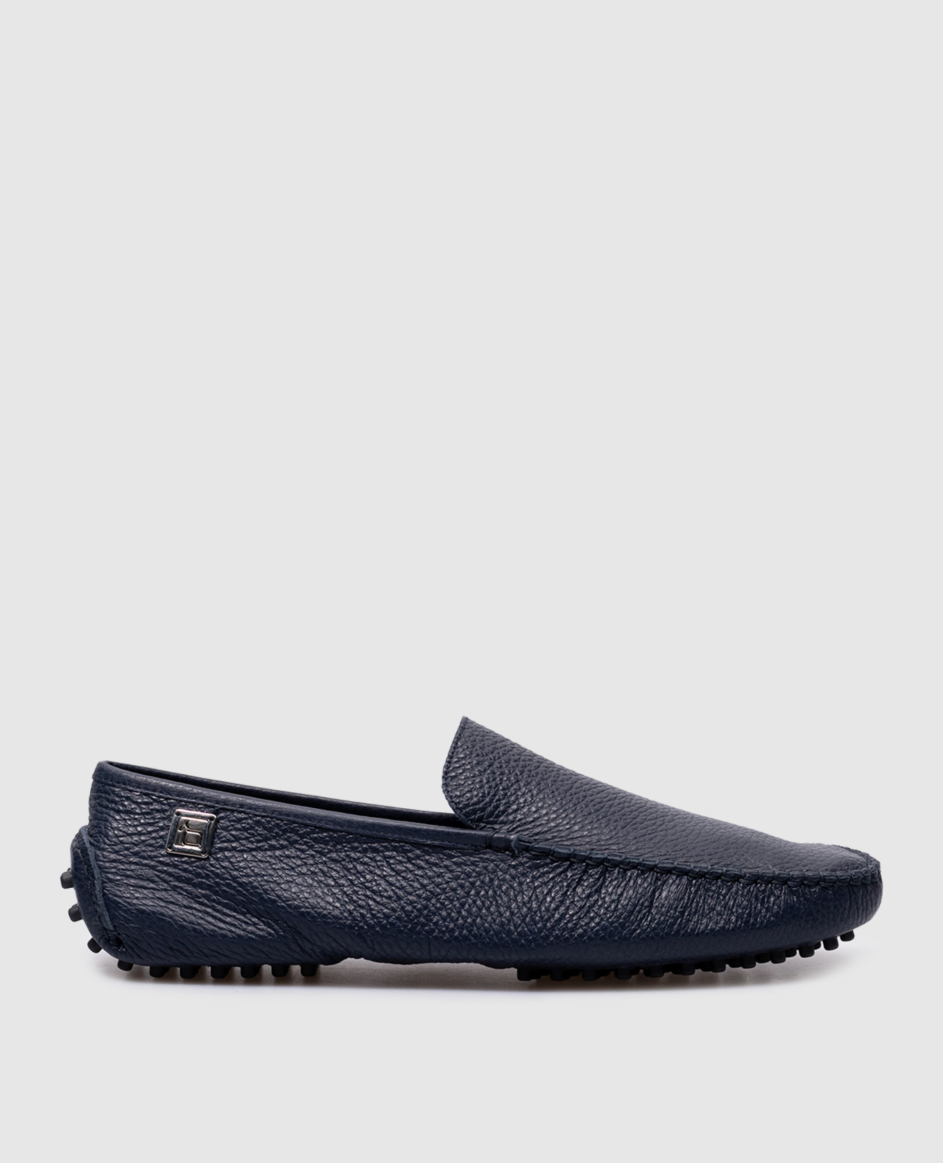 Blue leather moccasins with logo
