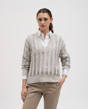 Brunello Cucinelli Серый ажурный пуловер из шерсти с пайетками MCM510612P
