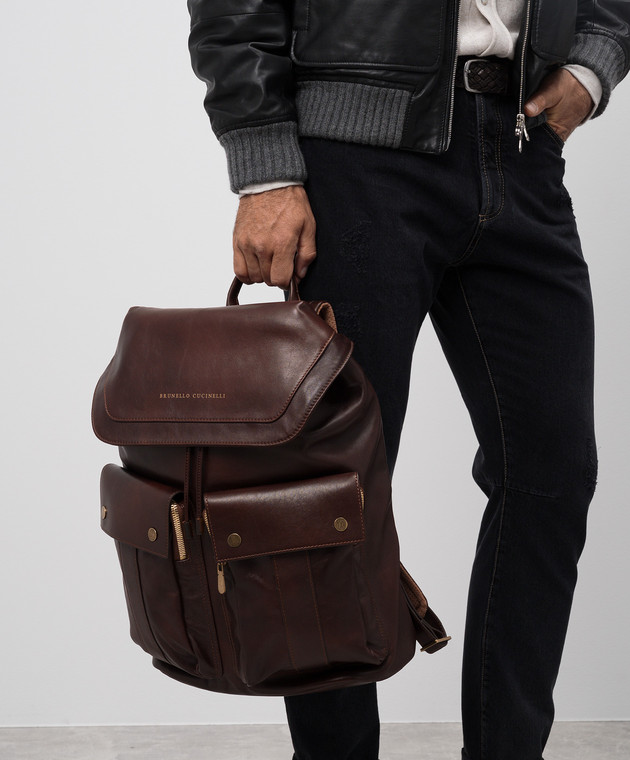 Brunello Cucinelli Коричневый кожаный рюкзак с логотипом MBCIU325 изображение 2