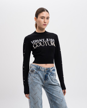 Versace Jeans Couture Черный укороченный джемпер с вышивкой логотипа с бусинами 77HAFM30CMN60
