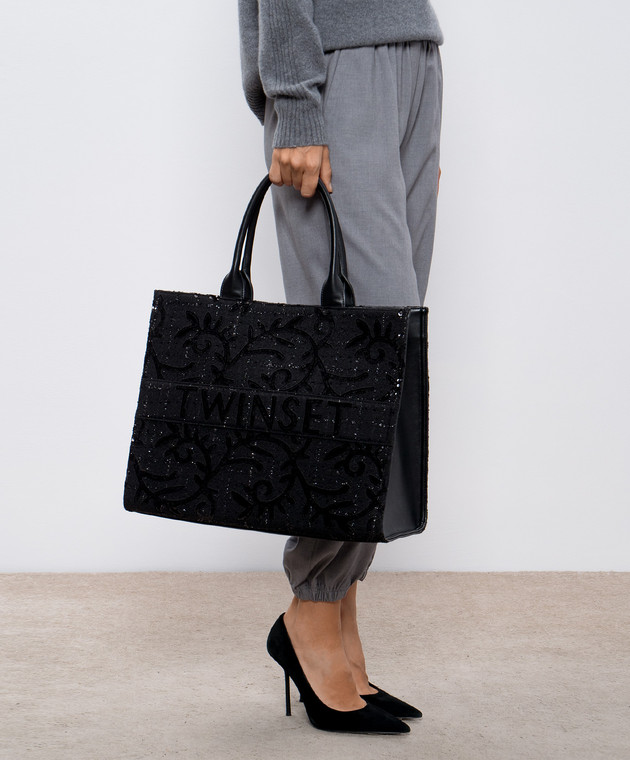 Twinset Чорна сумка-тоут з логотипом з аплікацією з паєтками 242TD8100 зображення 2