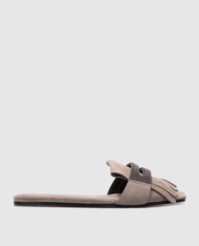 Brunello Cucinelli Бежевые замшевые шлепанцы с цепочкой мониль MZSFC2873