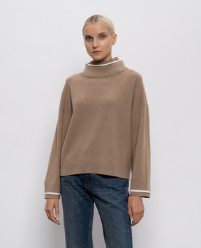 Brunello Cucinelli Коричневый свитер из шерсти, кашемира и шелка с цепочкой мониль M16222704