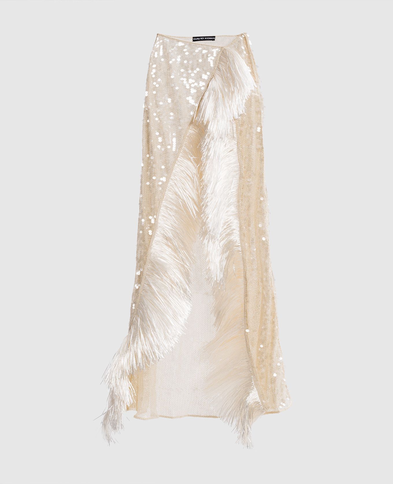 

Бежевая юбка макси в пайетке с бахромой., Бежевый, Юбки-а-силуэта