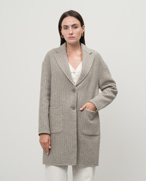 Twinset Серое пальто с шерстью в полоску с пайетками 242TP2050