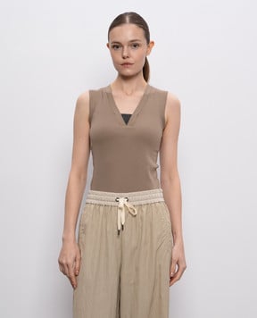 Brunello Cucinelli Бежевий топ в рубчик з ланцюжком моніль M0TC8EL672