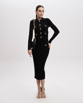 Balmain Чорна спідниця міді в рубчик з брендовими заклепками EF1LD022KI10