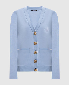 Balmain Блакитний кардиган з шовком з вишивкою емблеми FF1KO003KI86