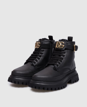 Dolce&Gabbana Дитячі чорні шкіряні черевики на хутрі з металевим логотипом DG D11266AU1453136