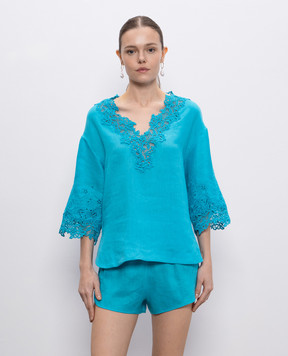Ermanno Scervino Голубая блуза из льна с кружевом D464L310NZR