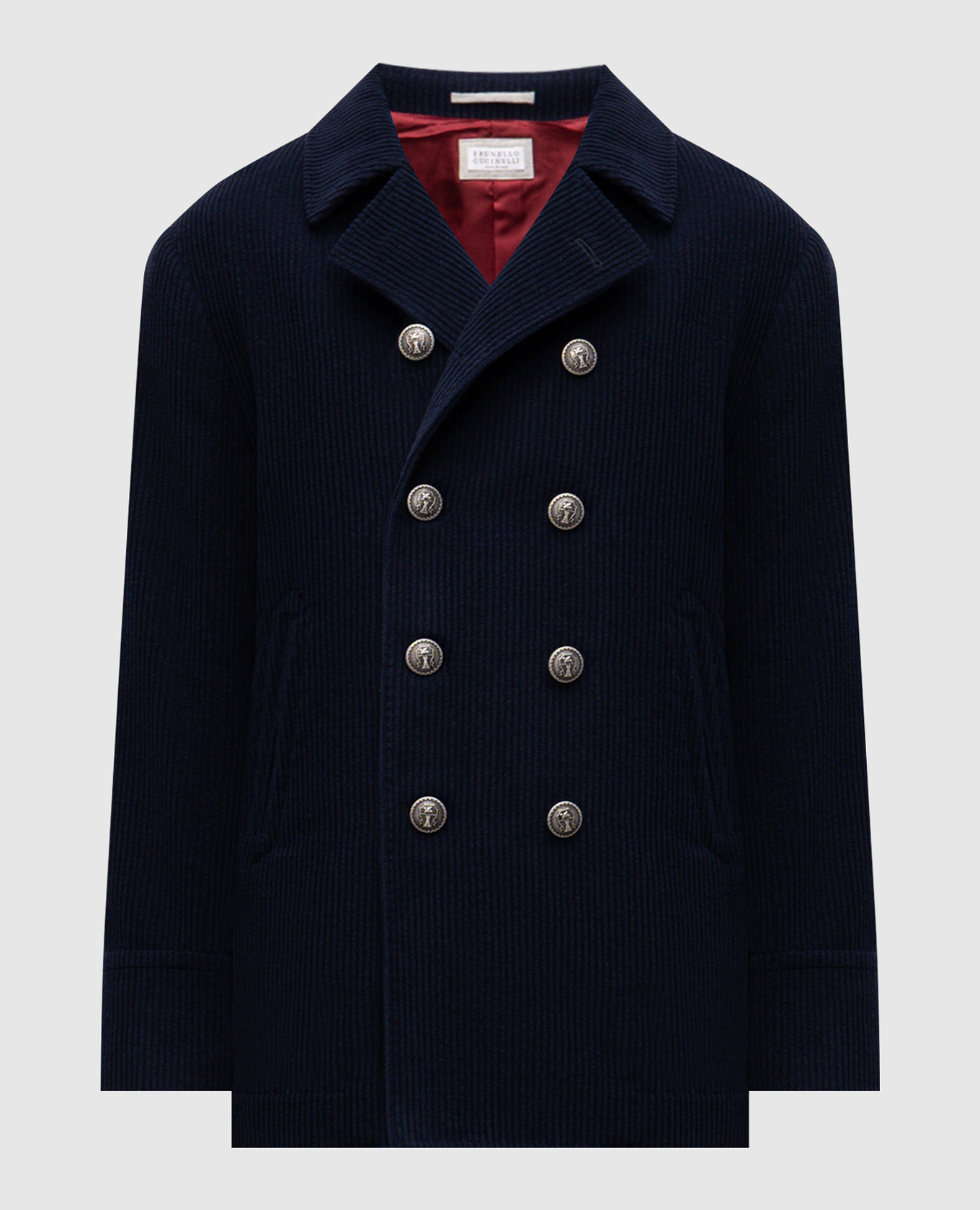 

Голубое двубортое вельветовое пальто из кашемира, Синий, Пальто