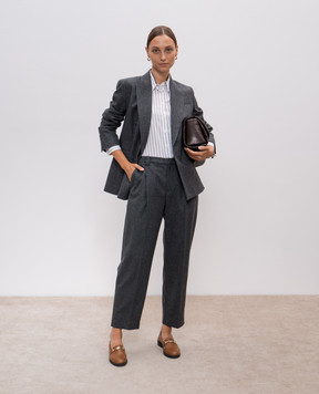 Brunello Cucinelli Серый двубортный жакет из шерсти и кашемира с цепочкой мониль MD5887083