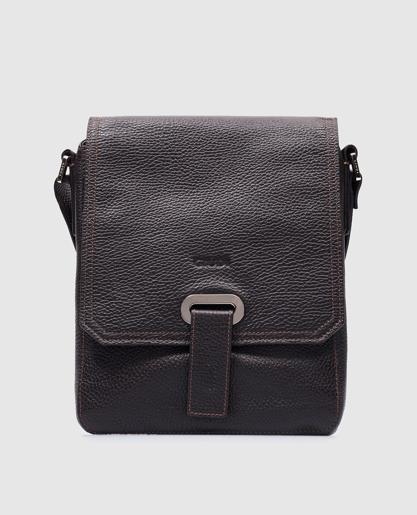 Brown leather messenger bag with embossed logo