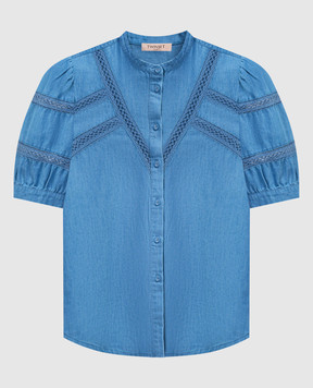 Twinset Голубая блузка с кружевом с металлическим логотипом 241TP2692