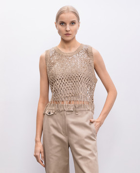 Brunello Cucinelli Коричневий ажурний топ із шовку та льону MCBR02200