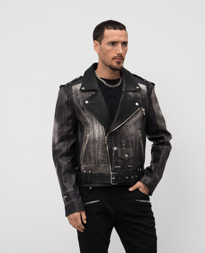 Balmain Черная кожаная косуха с принтом EH1TD507LD79