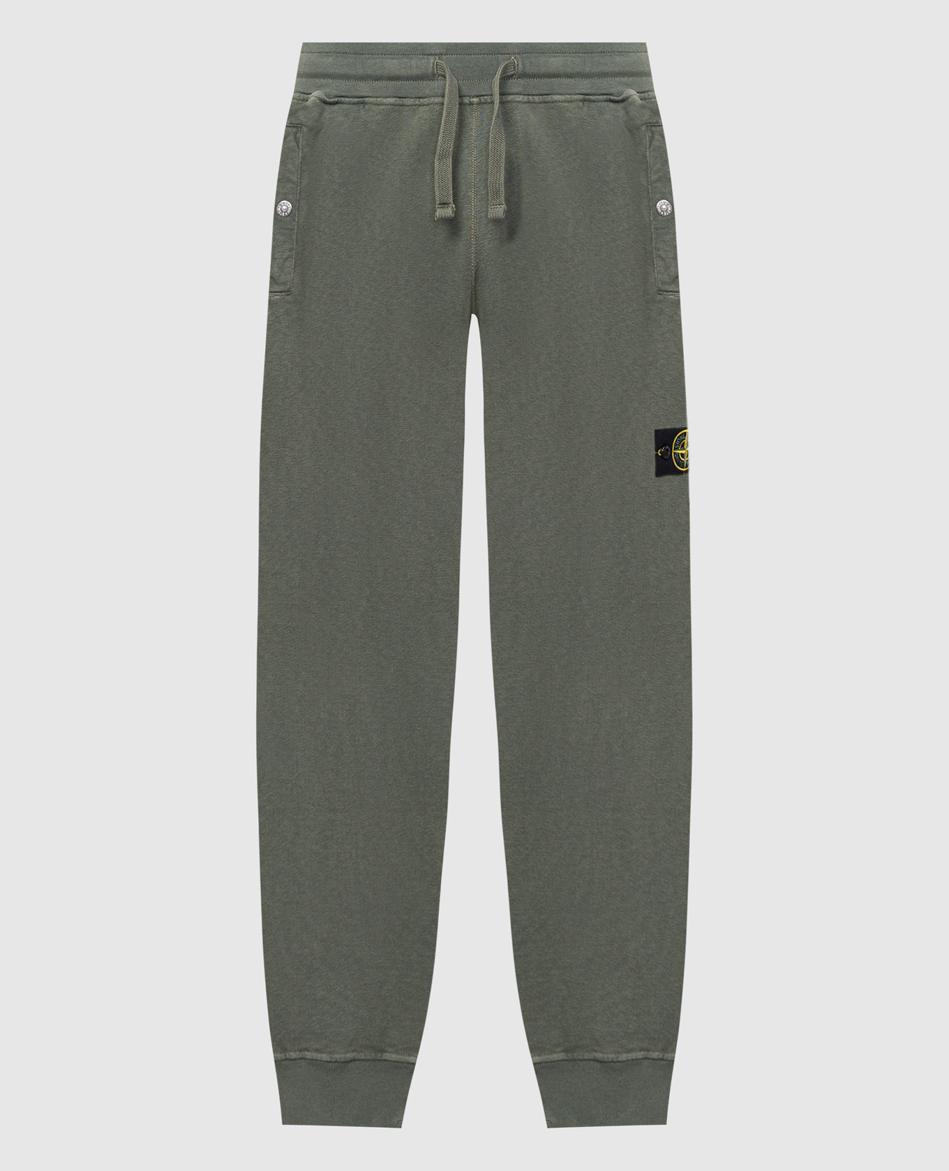 Green joggers with removable logo patch