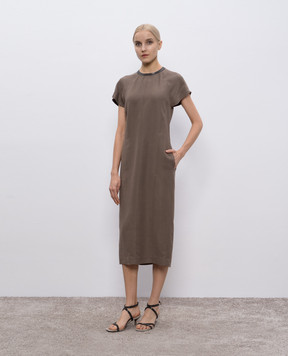 Brunello Cucinelli Коричнева сукня міді з льоном з ланцюжком моніль MH126AHB51