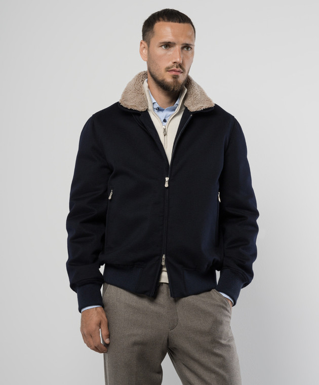 Brunello Cucinelli - Синяя куртка из кашемира с мехом MM4006889