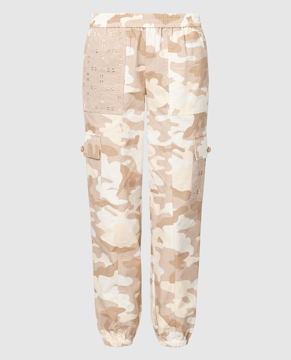 Beige camouflage print joggers with embroidery