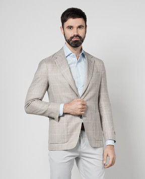 Canali Бежевый пиджак из шерсти, шелка и льна в клетку CF0043520272