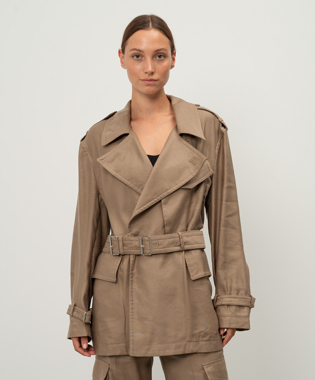 Helmut Lang Коричневий двобортний укорочений тренч RIDER з льоном O04HW401 зображення 3