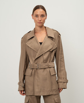 Helmut Lang Коричневий двобортний укорочений тренч RIDER з льоном O04HW401